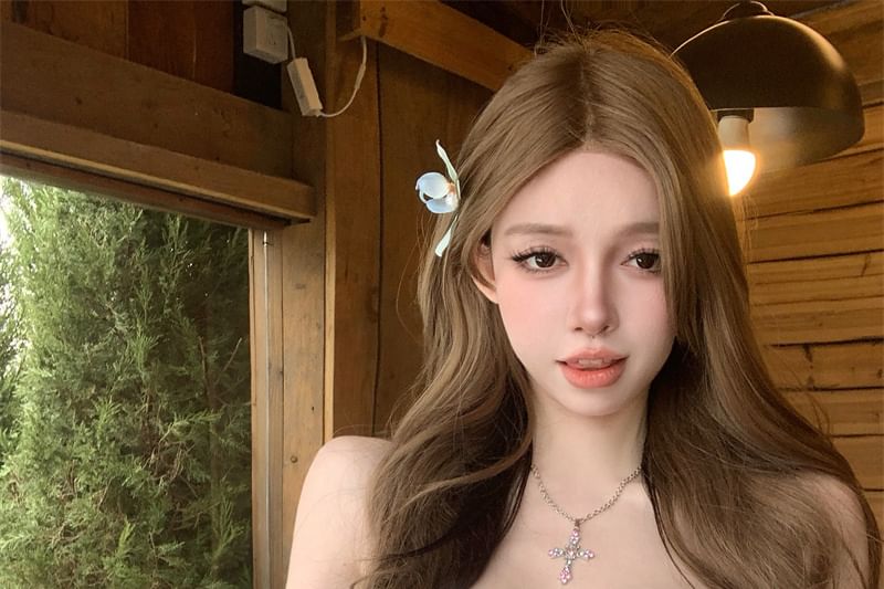 Floral Applique Ruched Lace Trim Panel Mesh Crop Tube Top