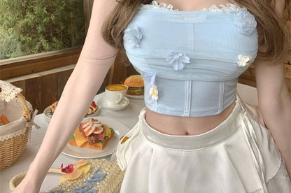 Floral Applique Ruched Lace Trim Panel Mesh Crop Tube Top