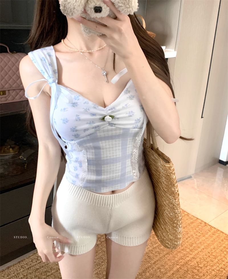 V-Neck Floral Print Bow Padded Panel Tank Top