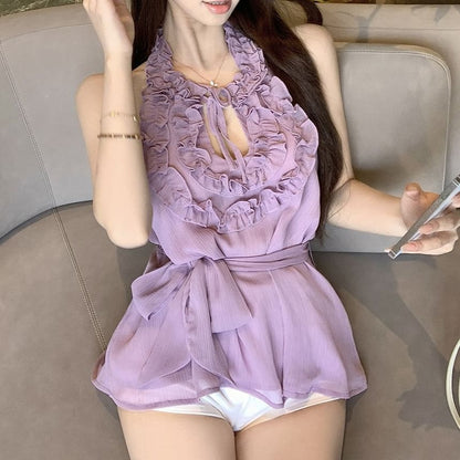 Halter Plain Ruffle Keyhole Top