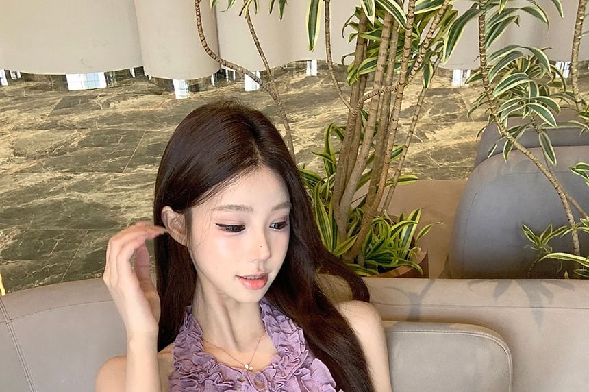Halter Plain Ruffle Keyhole Top