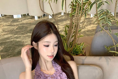 Halter Plain Ruffle Keyhole Top