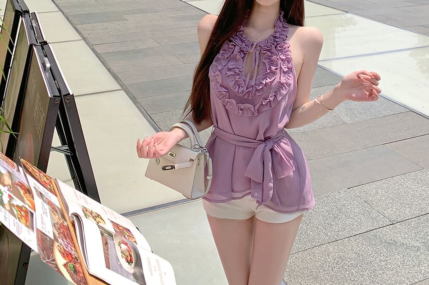 Halter Plain Ruffle Keyhole Top