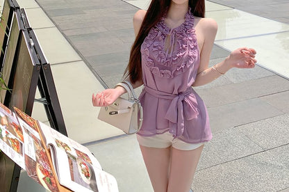 Halter Plain Ruffle Keyhole Top