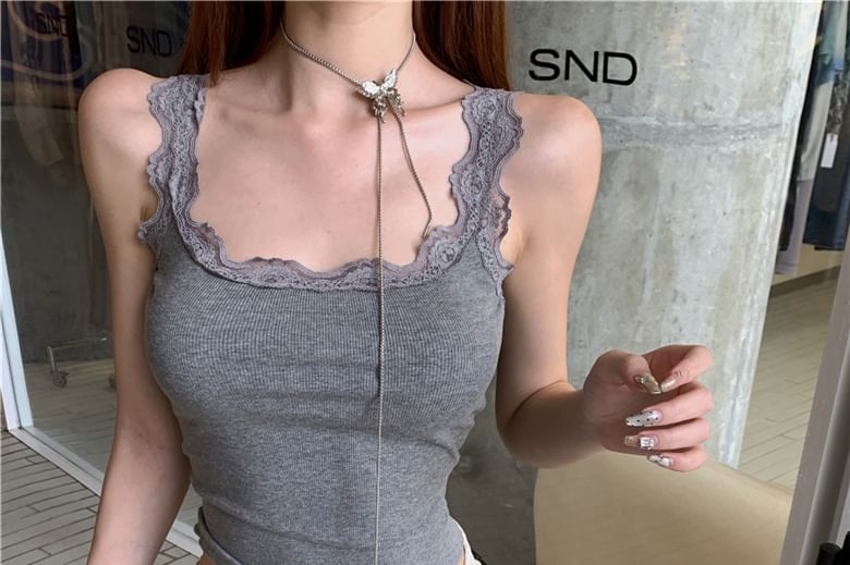 Scoop Neck Plain Lace Trim Tank Top / Mid Rise Plain Satin Undershorts / Low Rise Plain Sequin Shorts