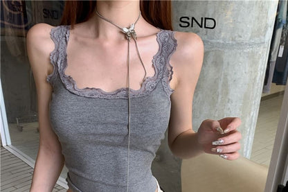 Scoop Neck Plain Lace Trim Tank Top / Mid Rise Plain Satin Undershorts / Low Rise Plain Sequin Shorts