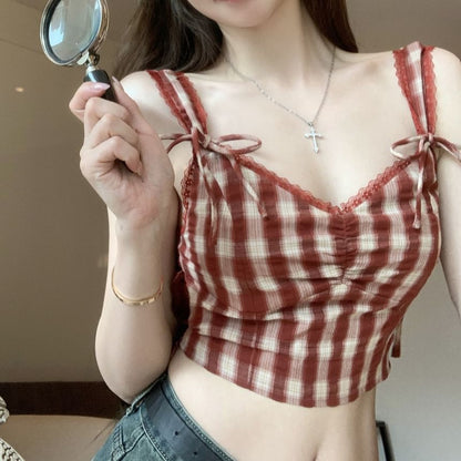 V-Neck Plaid Bow Crop Cami Top