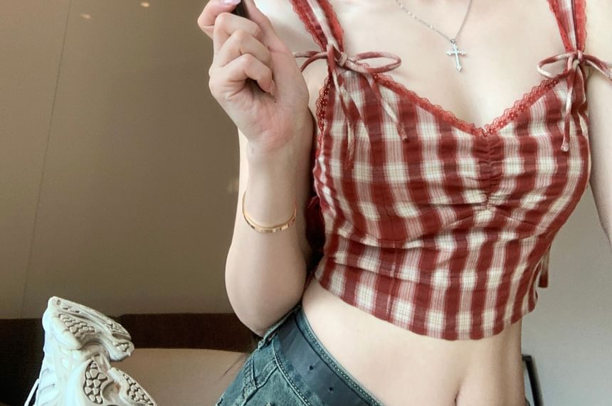V-Neck Plaid Bow Crop Cami Top