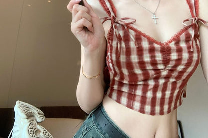 V-Neck Plaid Bow Crop Cami Top