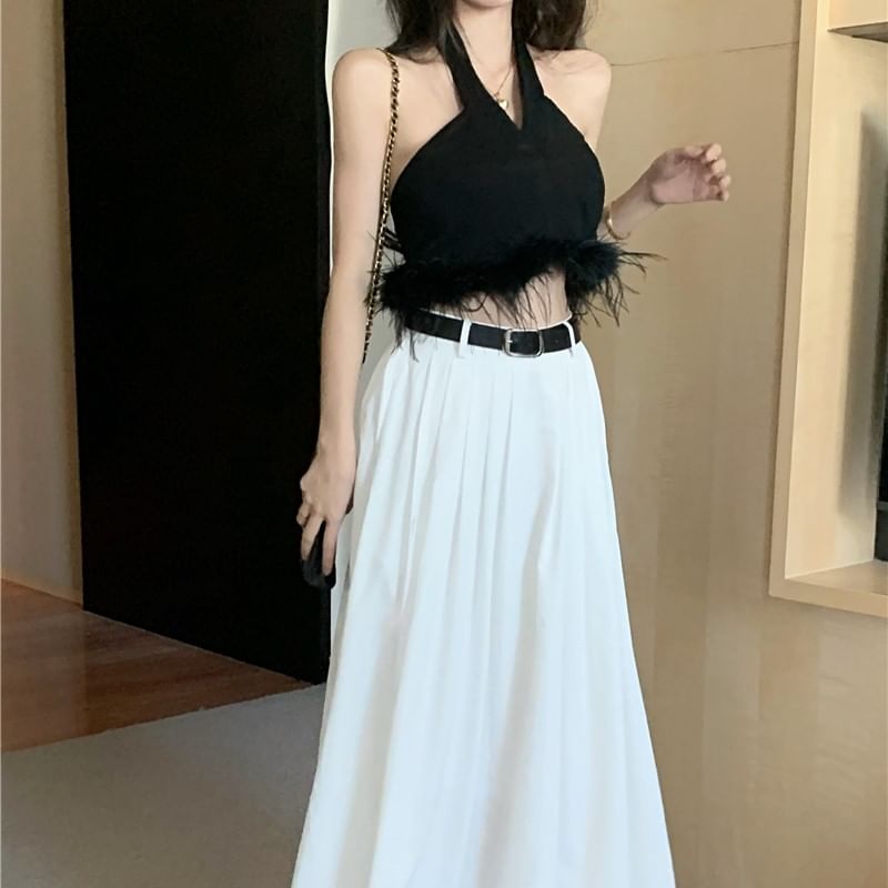 Halter Plain Feather Trim Crop Top / High Waist Plain Pleated Maxi A-Line Skirt