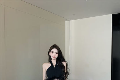 Halter Plain Feather Trim Crop Top / High Waist Plain Pleated Maxi A-Line Skirt