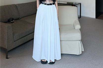 Halter Plain Feather Trim Crop Top / High Waist Plain Pleated Maxi A-Line Skirt