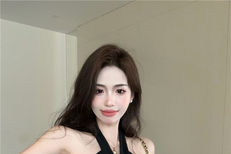 Halter Plain Feather Trim Crop Top / High Waist Plain Pleated Maxi A-Line Skirt