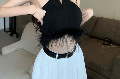 Halter Plain Feather Trim Crop Top / High Waist Plain Pleated Maxi A-Line Skirt