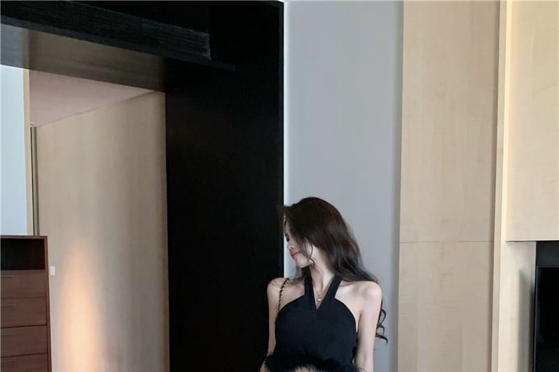 Halter Plain Feather Trim Crop Top / High Waist Plain Pleated Maxi A-Line Skirt