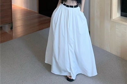 Halter Plain Feather Trim Crop Top / High Waist Plain Pleated Maxi A-Line Skirt