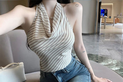 Halter Cowl Neck Striped Top