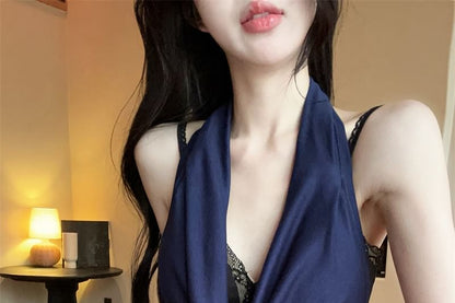 Halter Cowl Neck Plain Top / V-Neck Plain Panel Lace Camisole Top