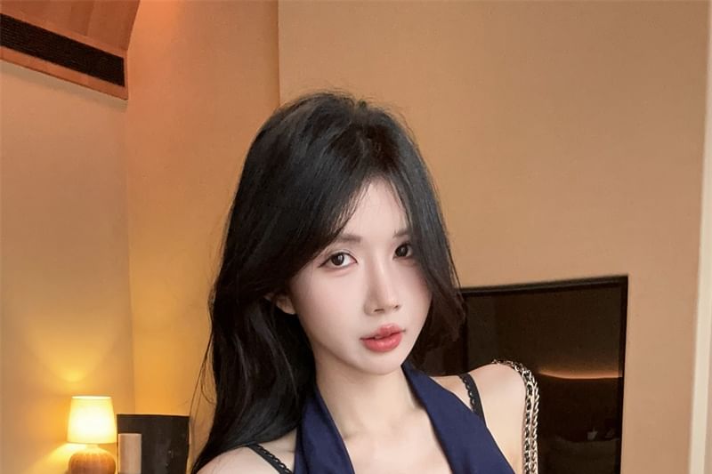 Halter Cowl Neck Plain Top / V-Neck Plain Panel Lace Camisole Top