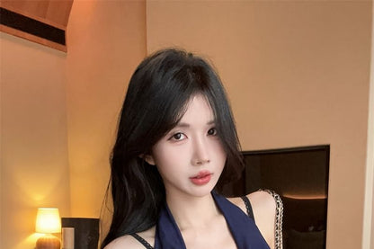 Halter Cowl Neck Plain Top / V-Neck Plain Panel Lace Camisole Top