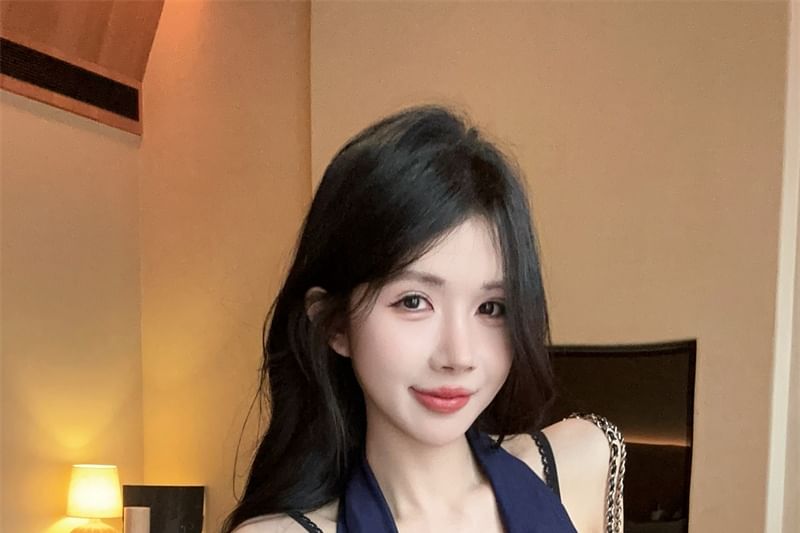 Halter Cowl Neck Plain Top / V-Neck Plain Panel Lace Camisole Top