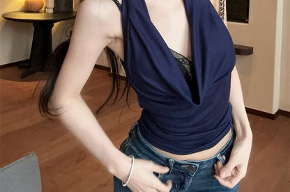 Halter Cowl Neck Plain Top / V-Neck Plain Panel Lace Camisole Top