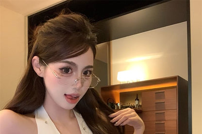 Halter V-Neck Plain Rhinestone Top