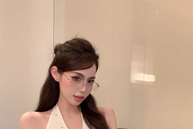 Halter V-Neck Plain Rhinestone Top