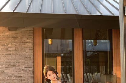 Sleeveless V-Neck Plain Panel Lace Crop Top / High Waist Maxi Fishtail Skirt