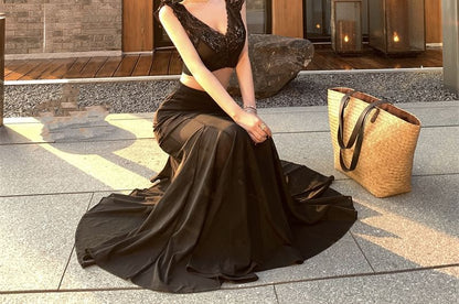 Sleeveless V-Neck Plain Panel Lace Crop Top / High Waist Maxi Fishtail Skirt