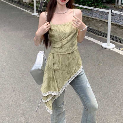 Patterned Print Asymmetrical Lace Trim Camisole Top