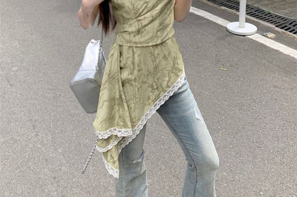 Patterned Print Asymmetrical Lace Trim Camisole Top