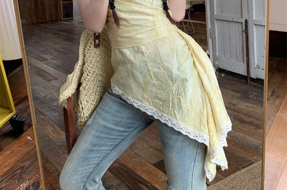 Patterned Print Asymmetrical Lace Trim Camisole Top