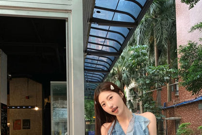 Halter Patterned Print Ruffle Top / High Waist Plain Wide Leg Cargo Pants