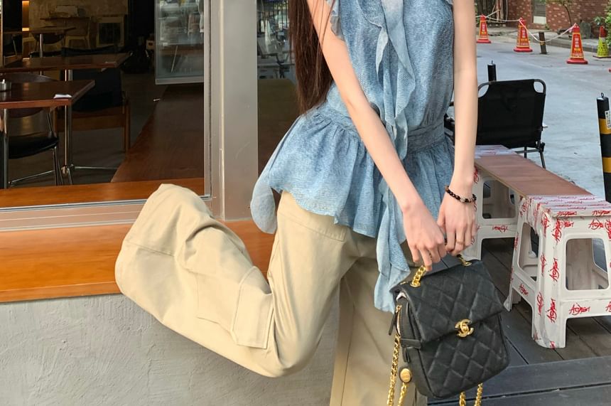 Halter Patterned Print Ruffle Top / High Waist Plain Wide Leg Cargo Pants