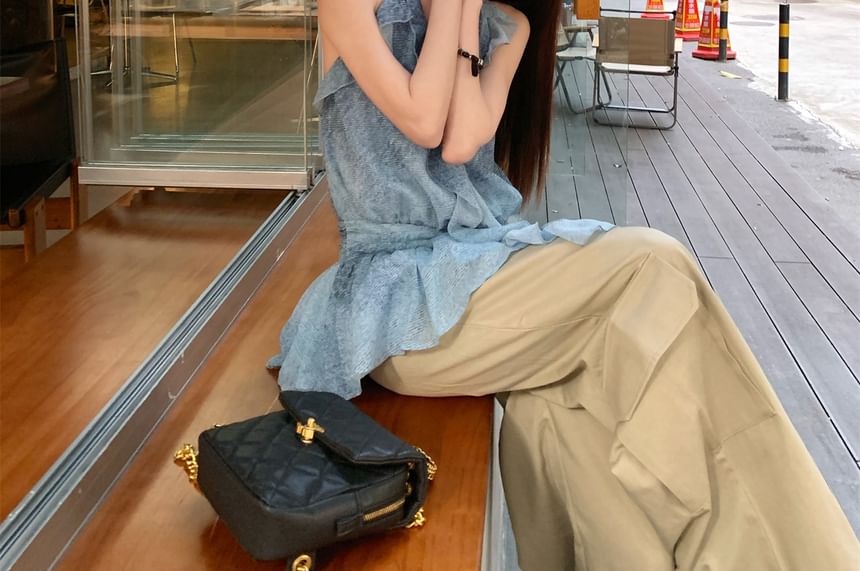 Halter Patterned Print Ruffle Top / High Waist Plain Wide Leg Cargo Pants