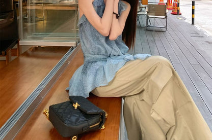 Halter Patterned Print Ruffle Top / High Waist Plain Wide Leg Cargo Pants