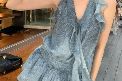 Halter Patterned Print Ruffle Top / High Waist Plain Wide Leg Cargo Pants