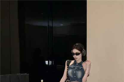 Collared Washed Crop Button Denim Vest / High Waist Mini Pencil Skirt