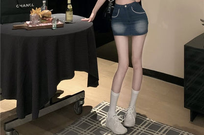 Collared Washed Crop Button Denim Vest / High Waist Mini Pencil Skirt