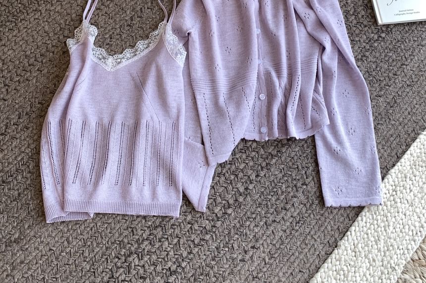 Set: V-Neck Lace Trim Knit Camisole Top + Round Neck Plain Cardigan