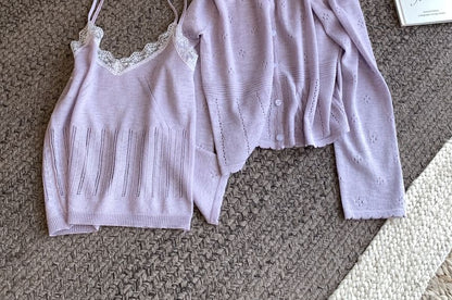 Set: V-Neck Lace Trim Knit Camisole Top + Round Neck Plain Cardigan