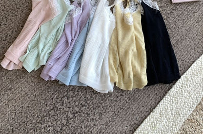 Set: V-Neck Lace Trim Knit Camisole Top + Round Neck Plain Cardigan