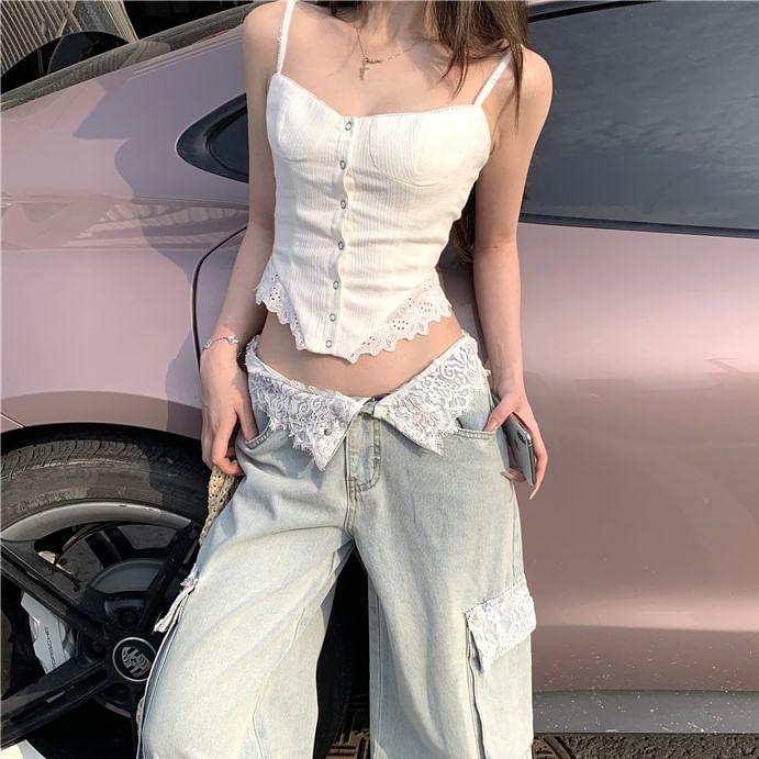Plain Button Panel Lace Cami Top / Mid Waist Washed Panel Lace Wide Leg Cargo Jeans