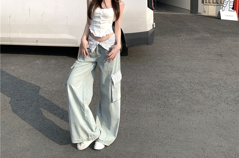 Plain Button Panel Lace Cami Top / Mid Waist Washed Panel Lace Wide Leg Cargo Jeans