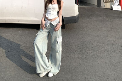 Plain Button Panel Lace Cami Top / Mid Waist Washed Panel Lace Wide Leg Cargo Jeans