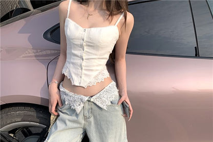 Plain Button Panel Lace Cami Top / Mid Waist Washed Panel Lace Wide Leg Cargo Jeans