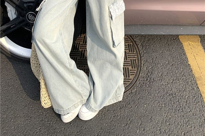 Plain Button Panel Lace Cami Top / Mid Waist Washed Panel Lace Wide Leg Cargo Jeans