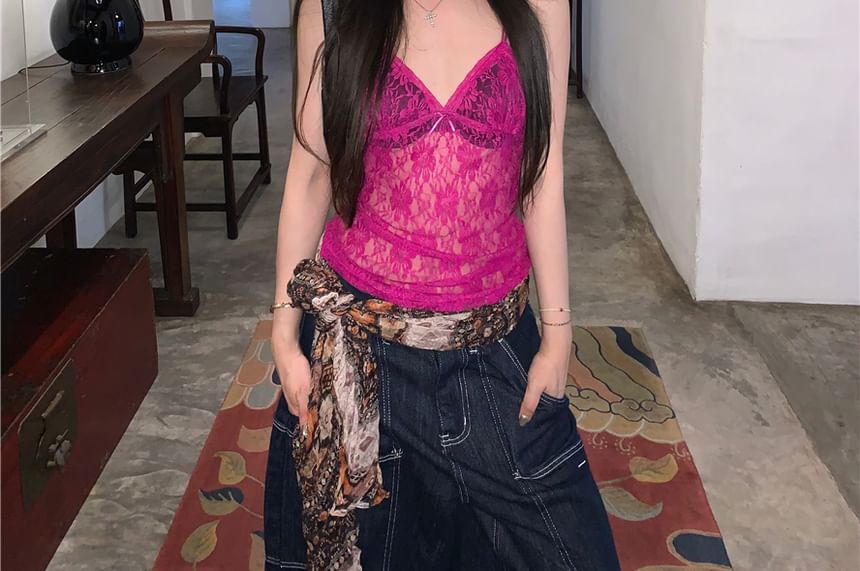 V-Neck Plain Bow Lace Camisole Top