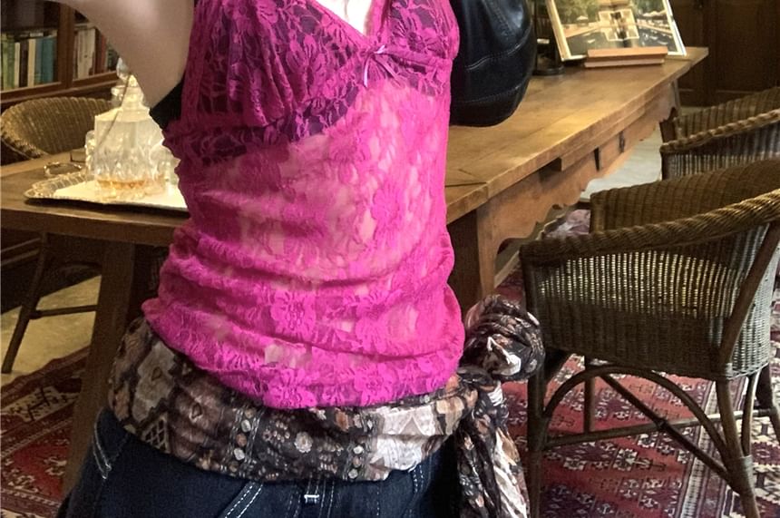 V-Neck Plain Bow Lace Camisole Top